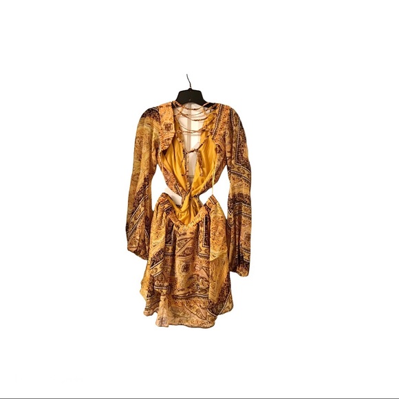 Yellow paisley print long sleeve open back side cutout mini dress Small NWT - Picture 7 of 10